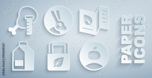 Set Shopping bag with recycle, Vegetarian food menu, Paper package for milk, Apple, Rabbit and Genetically modified chicken icon. Vector