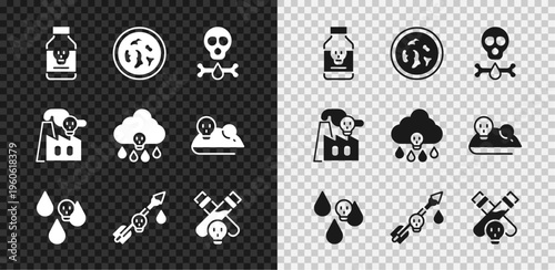 Set Poisoned pill, Petri dish with bacteria, Bones and skull, Acid rain, the arrow, Bottle potion, Smoke from factory and icon. Vector