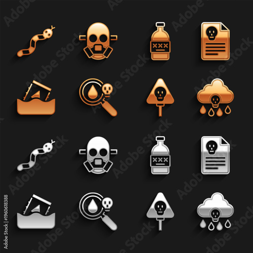 Set Poison magnifying glass, Radiation warning document, Acid rain, Bones and skull, Radioactive waste barrel, Poisoned alcohol, Snake and Gas mask icon. Vector