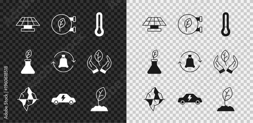Set Solar energy panel, Eco shop, Thermometer, Iceberg, Electric car, Sprout, Plant breeding and Garbage bag with recycle icon. Vector