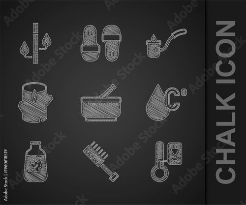 Set Mortar and pestle, Sauna brush, thermometer, Water temperature, Essential oil bottle, Wooden log, ladle and Bamboo icon. Vector