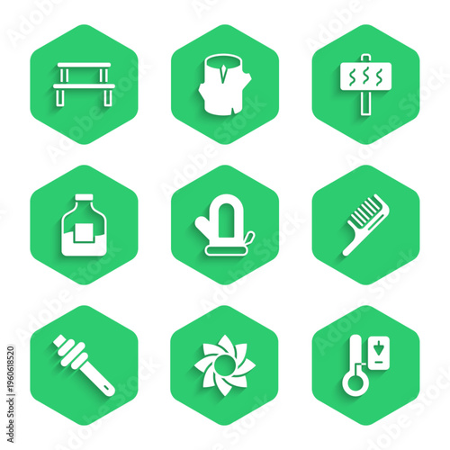 Set Sauna mitten, Flower, thermometer, Hairbrush, Honey dipper stick, Bottle of vodka, and wood bench icon. Vector