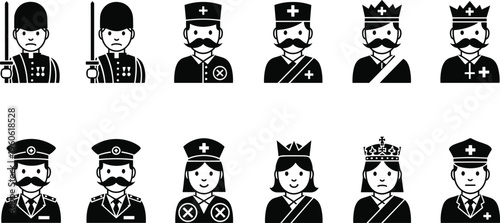 Military and royal characters icon set featuring soldiers, officers, kings and queens in flat black silhouette style isolated on white background vector illustration