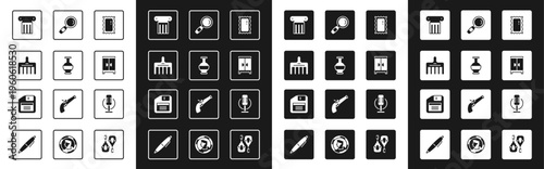 Set Big full length mirror, Ancient amphorae, Hairbrush, column, Wardrobe, Magnifying glass, Microphone and Floppy disk icon. Vector