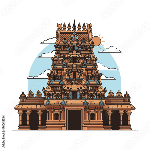 Majestic South Indian Hindu temple gopuram tower with intricate carvings and traditional architecture.
