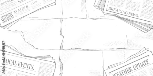 Scattered newspaper pages with headlines breaking news local events and weather update in style