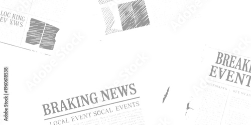 Grey newspaper clippings with headlines about breaking news and local events on a white background