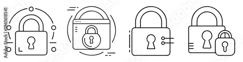 Modern line art depicting four different security lock symbols for data protection