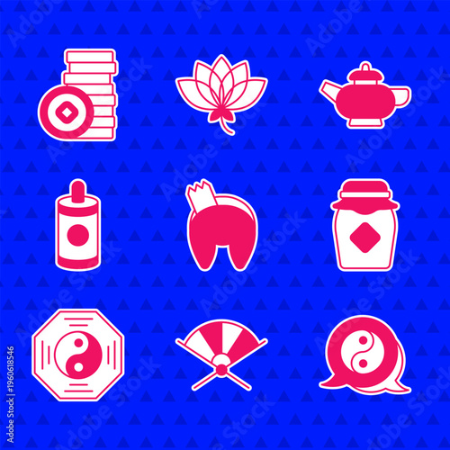 Set Chinese fortune cookie, Traditional paper fan, Yin Yang symbol, Jar of honey, Firework, tea ceremony and Yuan currency icon. Vector