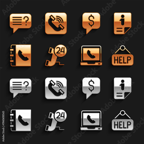 Set Telephone 24 hours support, Information, Signboard with text Help, Phone book, Paid, Unknown search and handset icon. Vector