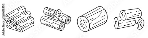 Black and white line art illustration of wood logs stacked and grouped