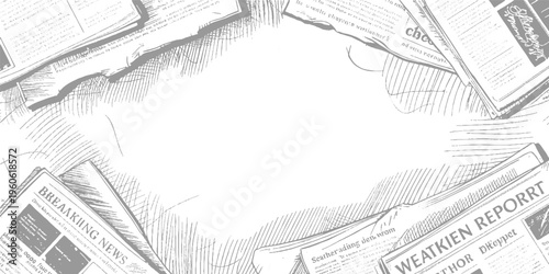 Vintage newspaper pages with text and headlines arranged in a frame on a textured background articles