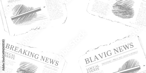 Sketchy newspaper headlines and articles with torn edges in grayscale breaking local events