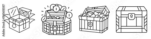 Line art illustration showcasing four distinct treasure chests with open and closed lids