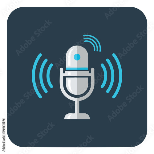 A white and blue microphone broadcasts sound waves outward