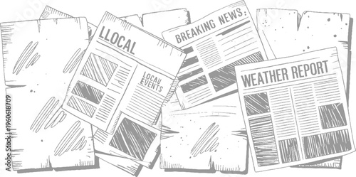Hand drawn of scattered newspapers with headlines local events breaking news and weather report handdrawn