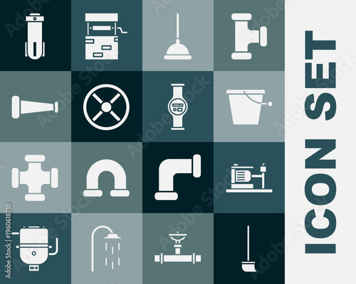 Set Mop, Electric water pump, Bucket, Rubber plunger, Industry valve, metallic pipe, Water filter and meter icon. Vector