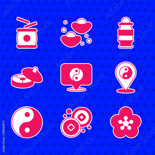 Set Yin Yang symbol, Chinese Yuan currency, Lotus flower, tea ceremony, paper lantern and drum icon. Vector
