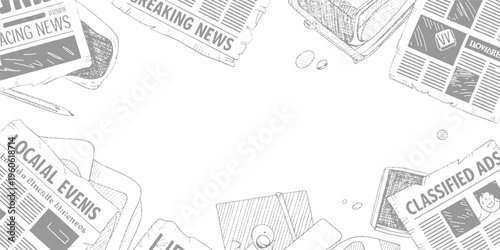 Hand drawn of newspapers with headlines like breaking news local events and classified ads scattered around a white background