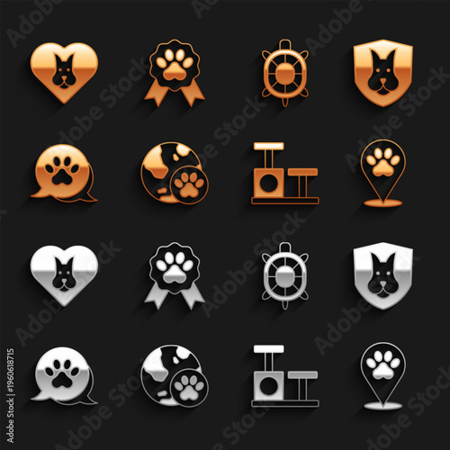 Set World pet, Animal health insurance, Location veterinary hospital, Cat scratching post with toy, Paw print, Turtle, Heart dog and Pet award symbol icon. Vector