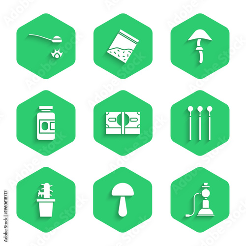 Set Stacks paper money cash, Psilocybin mushroom, Hookah, Matches, Cactus peyote pot, Medicine bottle and pills, and Heroin spoon icon. Vector