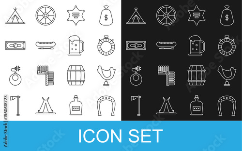 Set line Horseshoe, Wild west saddle, Canteen water bottle, Hexagram sheriff, Kayak canoe and paddle, Stacks paper money cash, Indian teepee wigwam and Wooden beer mug icon. Vector