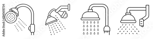 Various types of shower heads spraying water in simple line art