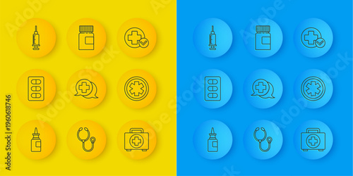 Set line Bottle nasal spray, Pills in blister pack, Dialogue with the doctor, First aid kit, Medical symbol of Emergency, Syringe, Cross hospital medical and Medicine bottle icon. Vector