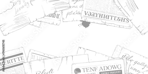 Scattered grey sketched newspapers and handwritten notes with ink splatters on white background text