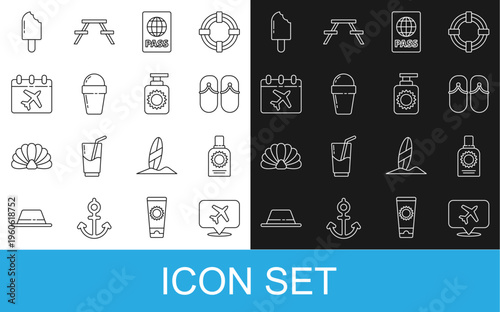Set line Speech bubble with airplane, Sunscreen spray bottle, Flip flops, Passport, Ice cream in waffle cone, Calendar and, and icon. Vector