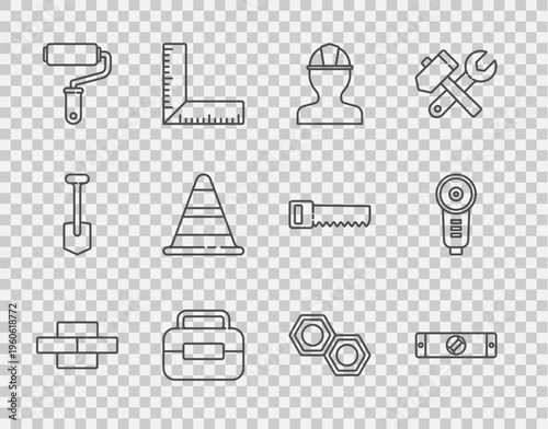 Set line Bricks, Construction bubble level, Worker safety helmet, Toolbox, Paint roller brush, Traffic cone, Hexagonal metal nut and Angle grinder icon. Vector