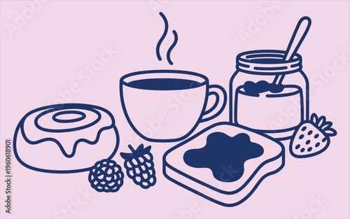 Breakfast composition with coffee cup toast jam jar donut and berries