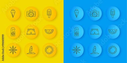 Set line Wind rose, Please do not disturb, Swimming trunks, Sun, Watermelon, Ice cream waffle cone, and Photo camera icon. Vector