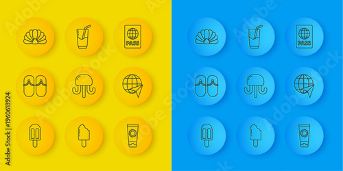 Set line Ice cream, Flip flops, Jellyfish, Sunscreen in tube, Globe with flying plane, Scallop sea shell, Passport and Cocktail and alcohol drink icon. Vector