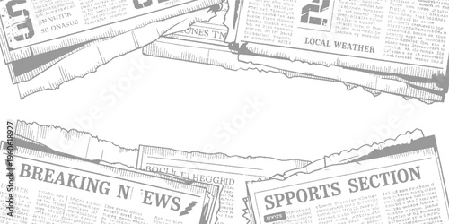 Torn newspaper pages with headlines breaking news sports section and local weather in grey tones