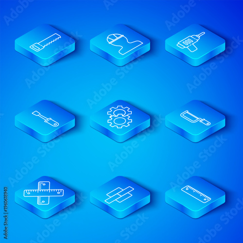 Set line Crossed ruler, Gear, Bricks, Hacksaw, Electric drill machine, Screwdriver, Hand and Ruler icon. Vector