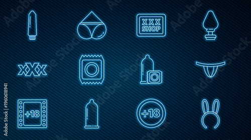 Set line Mask with long bunny ears, Woman panties, Sex shop, Condom in package safe sex, Dildo vibrator, and icon. Vector