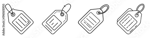 Four simple line art luggage or gift tags with different attachment styles