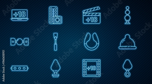 Set line Anal plug, Condom, Movie clapper with 18 plus content, Leather whip, Silicone ball gag belt, Laptop, Dildo vibrator and Birth control pills and condom icon. Vector