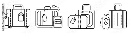 Monochrome line art luggage baggage collection ready for traveling vacations trips