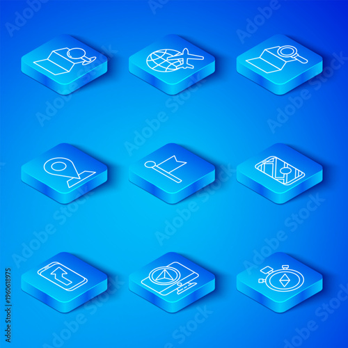 Set line City map navigation, Location marker, Monitor with location, Search, Folded push pin and Compass icon. Vector
