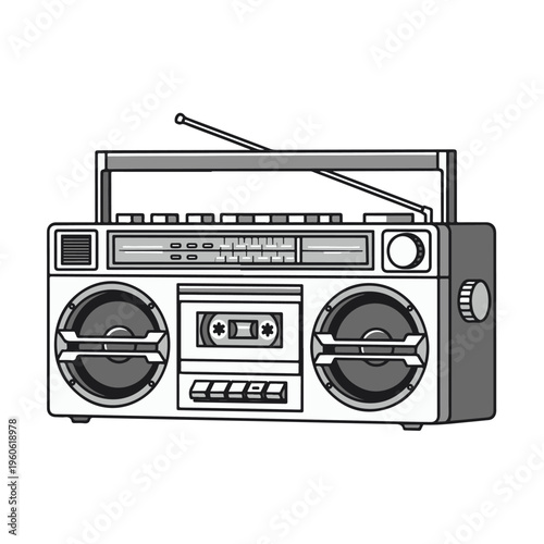 Retro style line art illustration of a classic 1980s portable radio cassette player boombox.