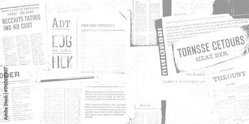 Newspaper pages with large bold text headlines and columns of small print