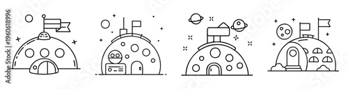 Set of four black and white vector line art moon base icons