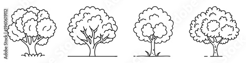 Four different cartoon styled trees with varying shapes and leaf density