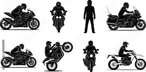 Motorcycle rider silhouettes set featuring sport bikes touring motorcycles and dirt bike stunts with biker gear isolated on white background for automotive racing design.
