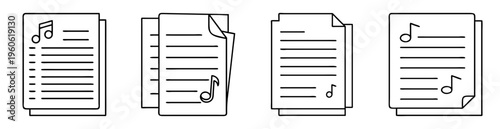 Set of four simplistic black and white musical scores or written documents