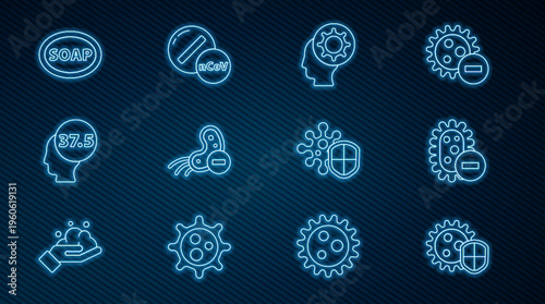 Set line Shield protecting from virus, Negative, Human and, High human body temperature, Bar of soap, and Medicine pill or tablet icon. Vector