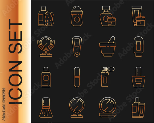 Set line Cream or lotion cosmetic tube, Nail polish bottle, Hand mirror, Round makeup, Bottle of shampoo sponge and Mortar pestle icon. Vector
