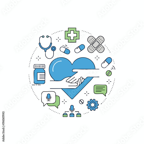 Conceptual circle of healthcare icons with hands supporting a heart